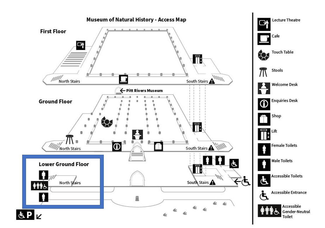 An access map of the Museum with the north toilets labelled on the Lower Ground floor