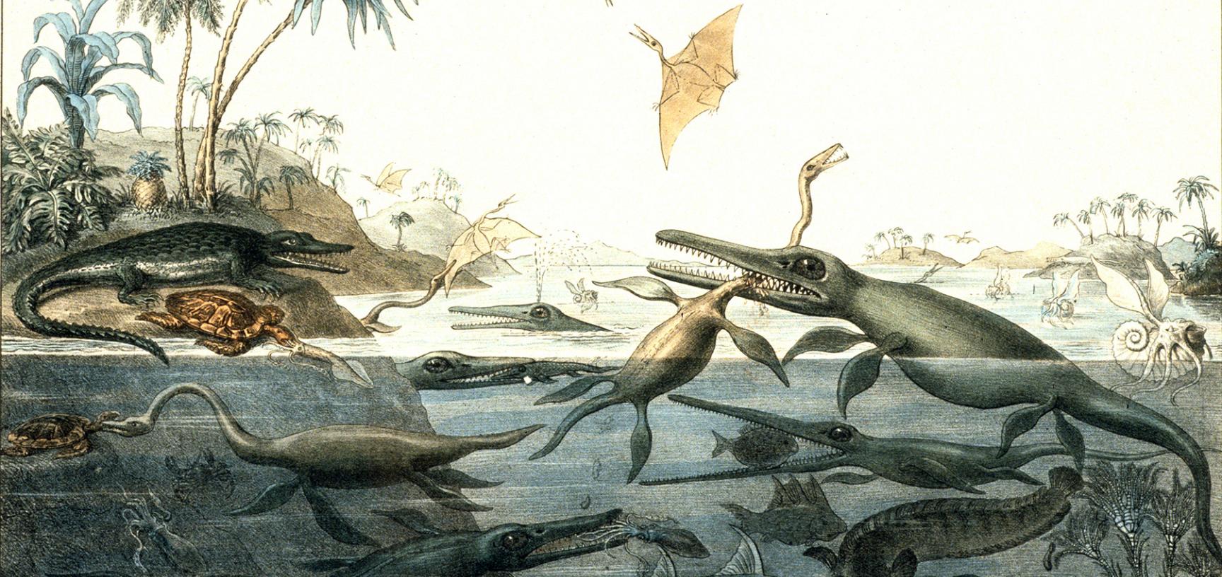 <i>Duria Antiquior - A more Ancient Dorset</i> painted by Henry De la Beche in 1830, is the first artistic representation of a scene of prehistoric life based on evidence from fossil remains, today known as ‘palaeoart’.