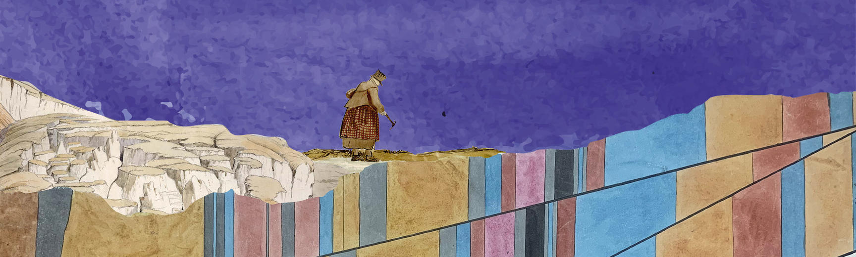 Collage of geological illustrations featuring small human figure