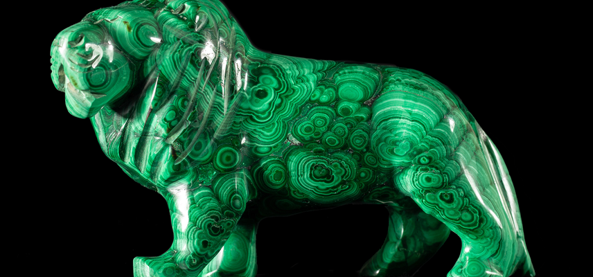 Malachite lion gemstone, mineralogy collection at the Oxford University Museum of Natural History