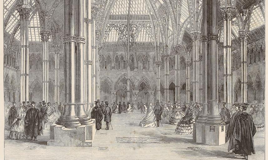 A print of a black and white engraving showing the central court of Oxford University Museum of Natural History in the 19th century