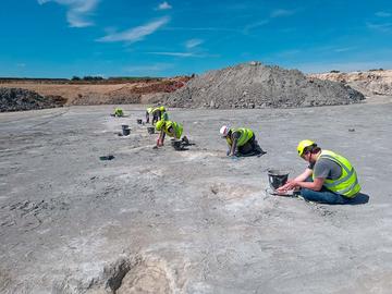 Excavators working on the 'dinosaur highway' in Oxfordshire Seven people in hi-viz jackets excavating dinosaur footprints in a quarry
